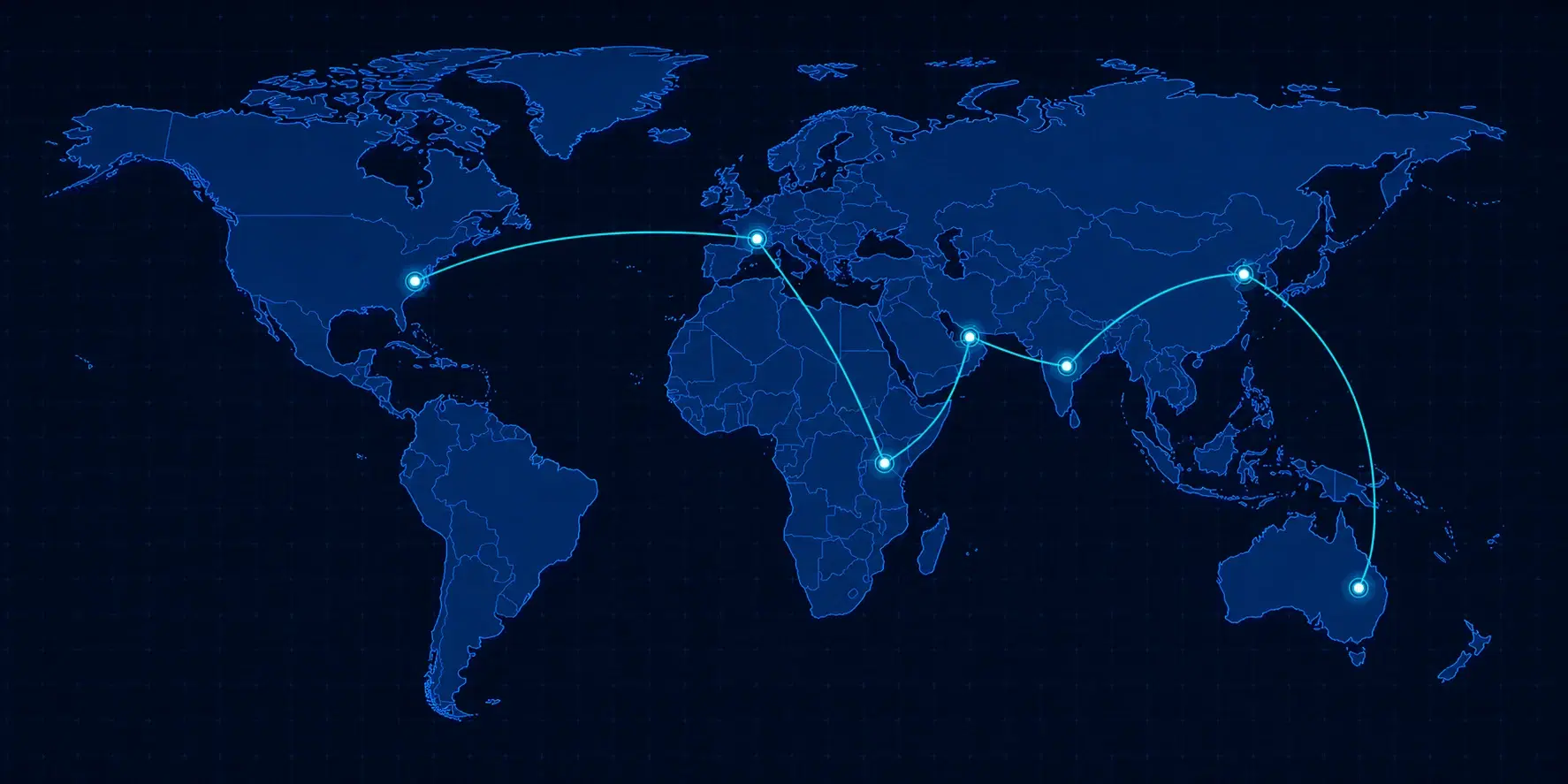 World map showing distribution routes between major global markets
